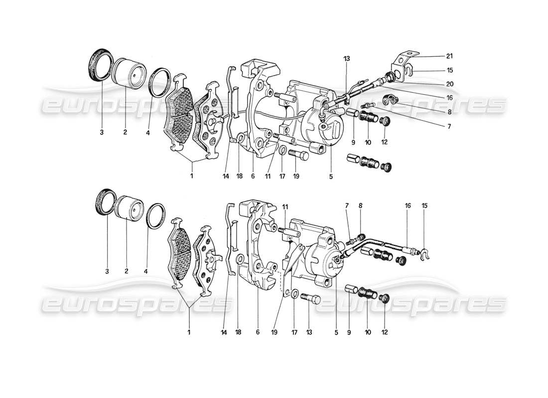 Ferrari 208 Turbo (1989) Calipers for Front and Rear Brakes Parts Diagram