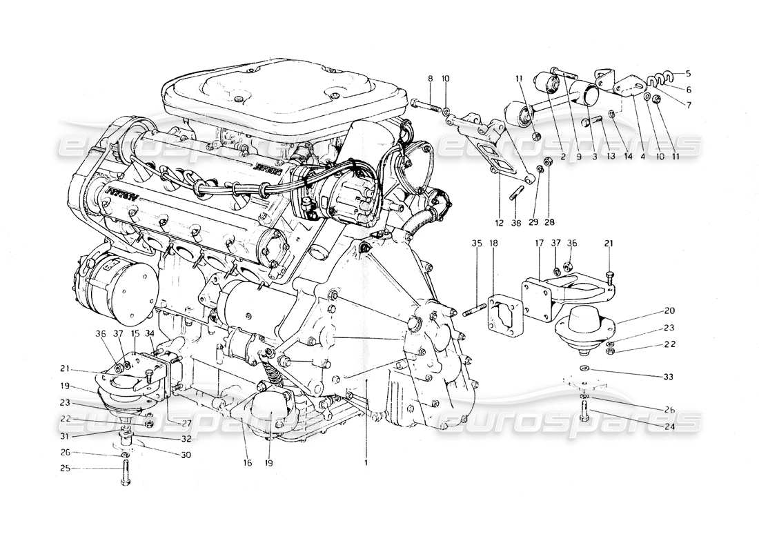 Ferrari 308 GT4 Dino (1979) engine - gearbox and supports Parts Diagram