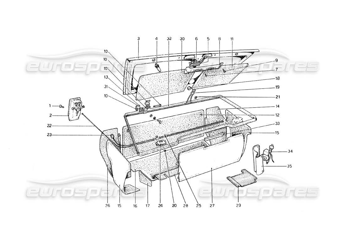 Ferrari 308 GT4 Dino (1979) Luggage Compartment Lid Parts Diagram