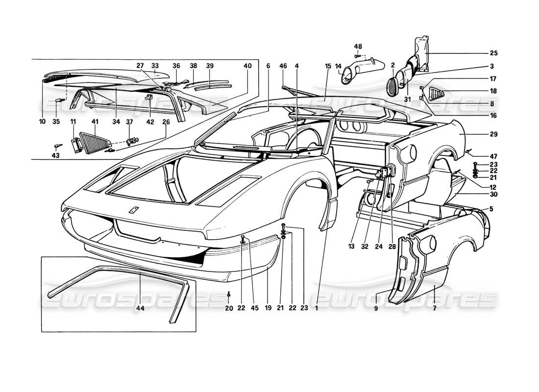 Ferrari 308 GTB (1980) Body Shell - Outer Elements Parts Diagram