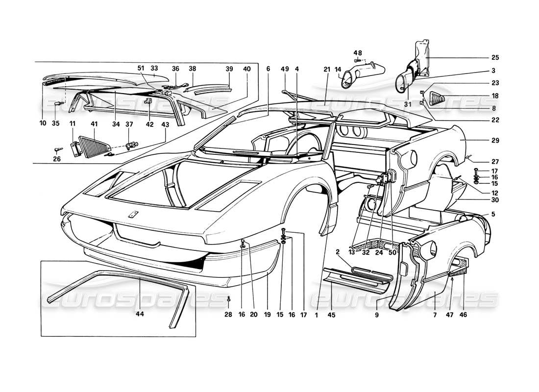 Ferrari 308 GTB (1980) Body Shell - Outer Elements (Variants for RHD - AUS Versions) Parts Diagram