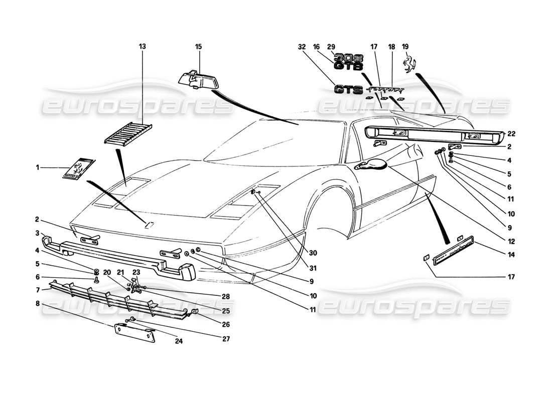 Ferrari 308 GTB (1980) Bumpers and Mouldings (Variants for RHD - AUS Versions) Parts Diagram