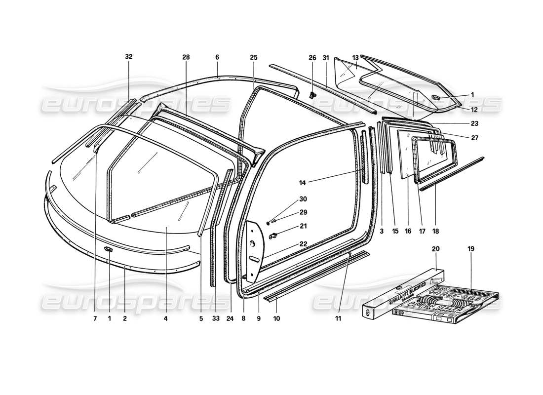 Ferrari 308 GTB (1980) Glasses (Variants for RHD - AUS Versions) Parts Diagram