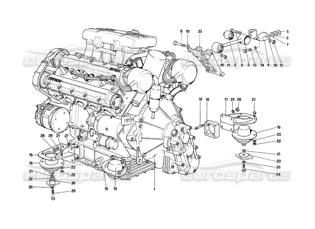 Ferrari 308 (1981) GTBi/GTSi engine - gearbox and supports Parts Diagram