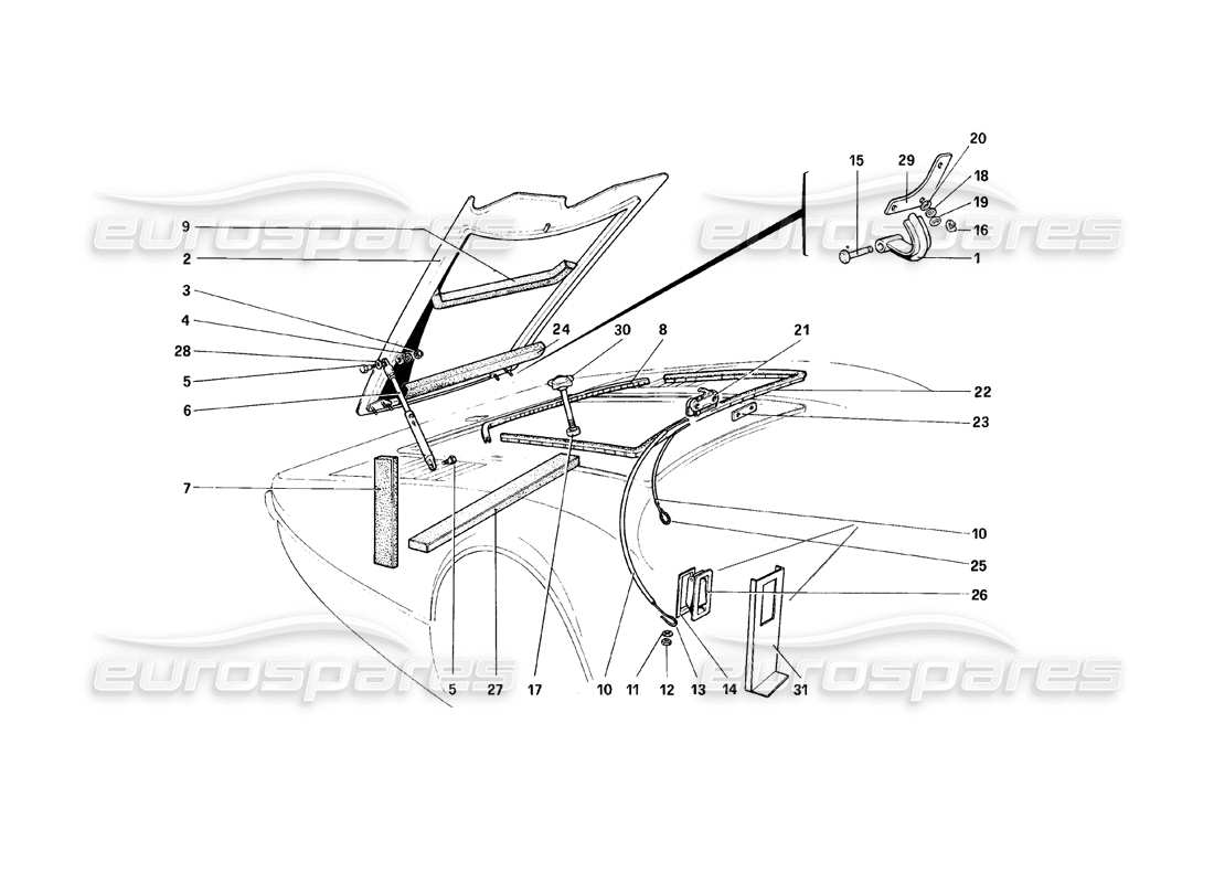 Ferrari 308 (1981) GTBi/GTSi Front Compartment Lid Parts Diagram