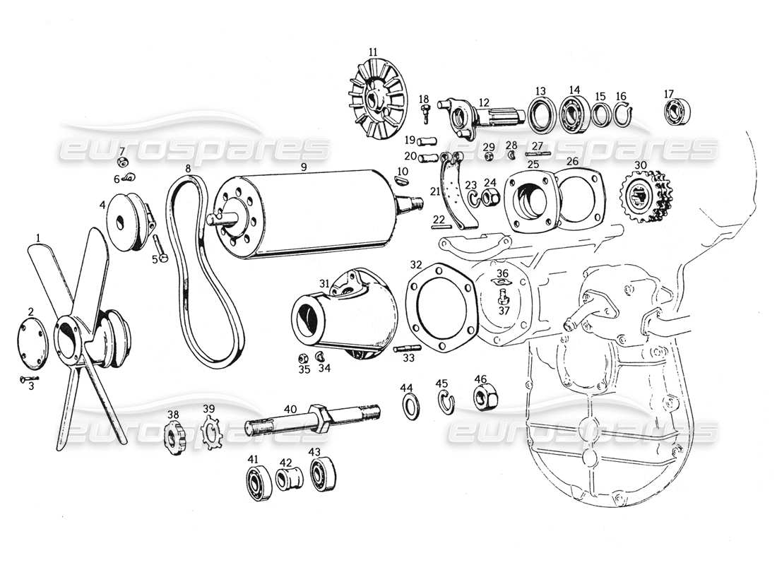 Ferrari 250 GTE (1957) Dynamo and Fan Parts Diagram