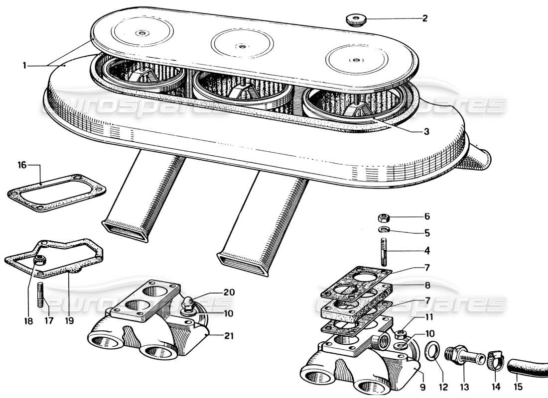 Ferrari 330 GTC Coupe air filter and manifolds Parts Diagram
