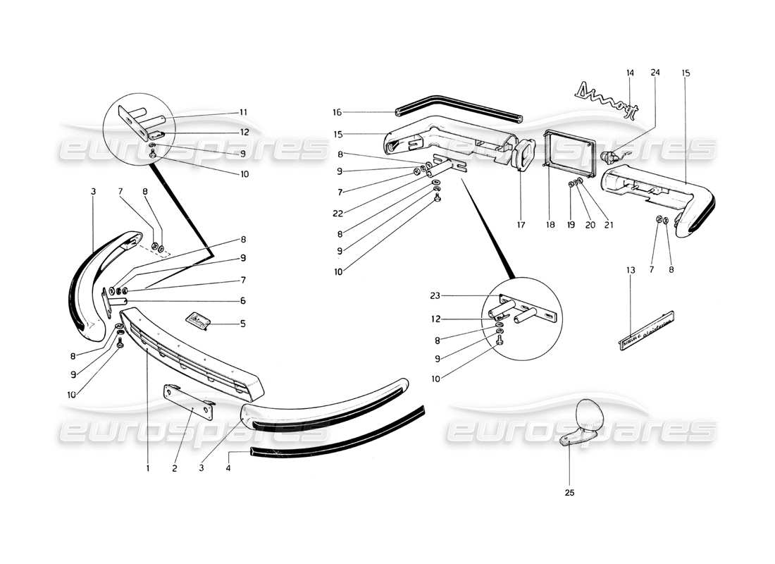 Ferrari 246 Dino (1975) Bumpers and Mouldings Parts Diagram