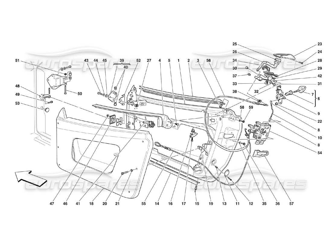 Ferrari 360 Challenge (2000) Doors - Framework and Coverings - Opening Control and Hinges Parts Diagram