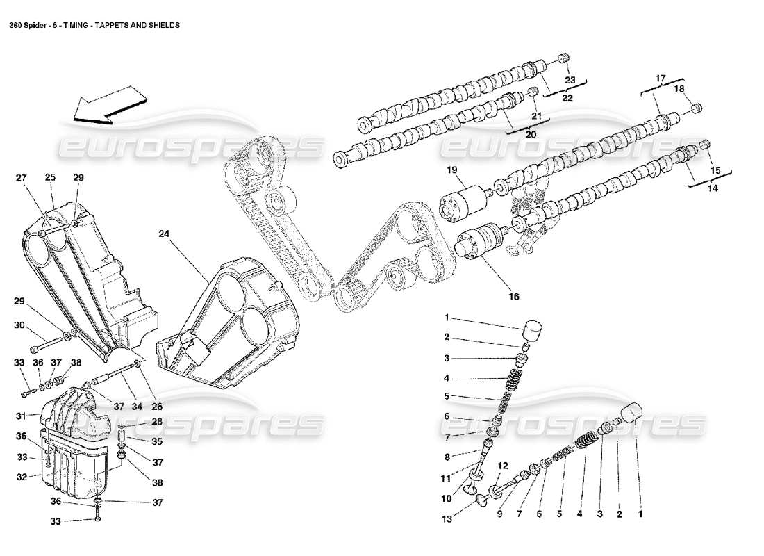 Ferrari 360 Spider timing - tappets and shields Parts Diagram