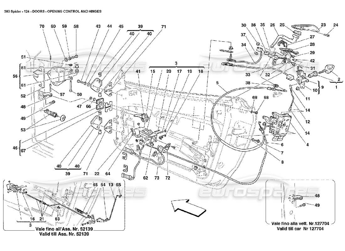 Ferrari 360 Spider Doors - Opening Control and Hinges Parts Diagram