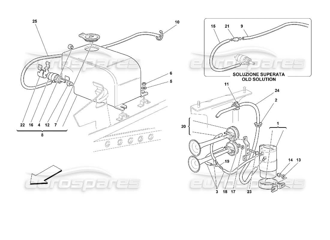 Ferrari 355 (2.7 Motronic) Glass Washer and Horns Parts Diagram