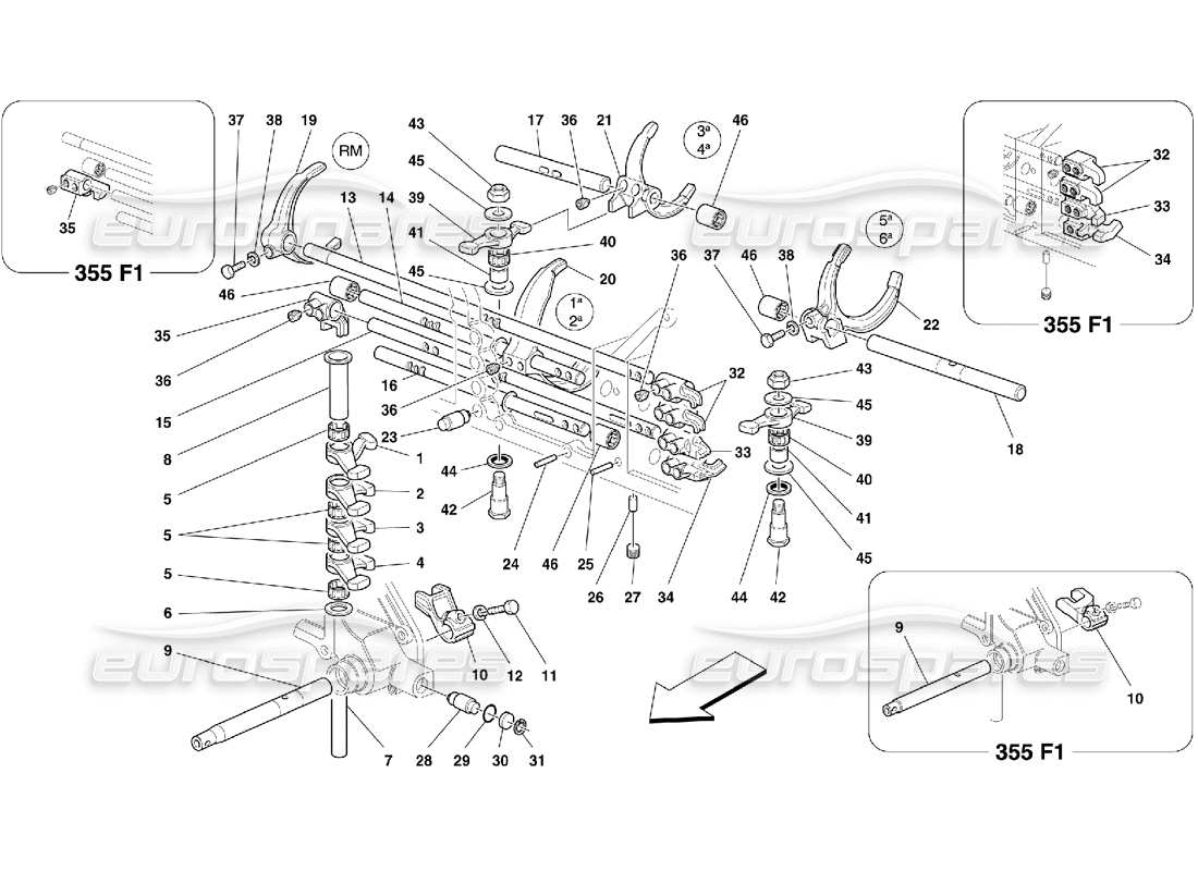 Ferrari 355 (5.2 Motronic) Inside Gearbox Controls Parts Diagram