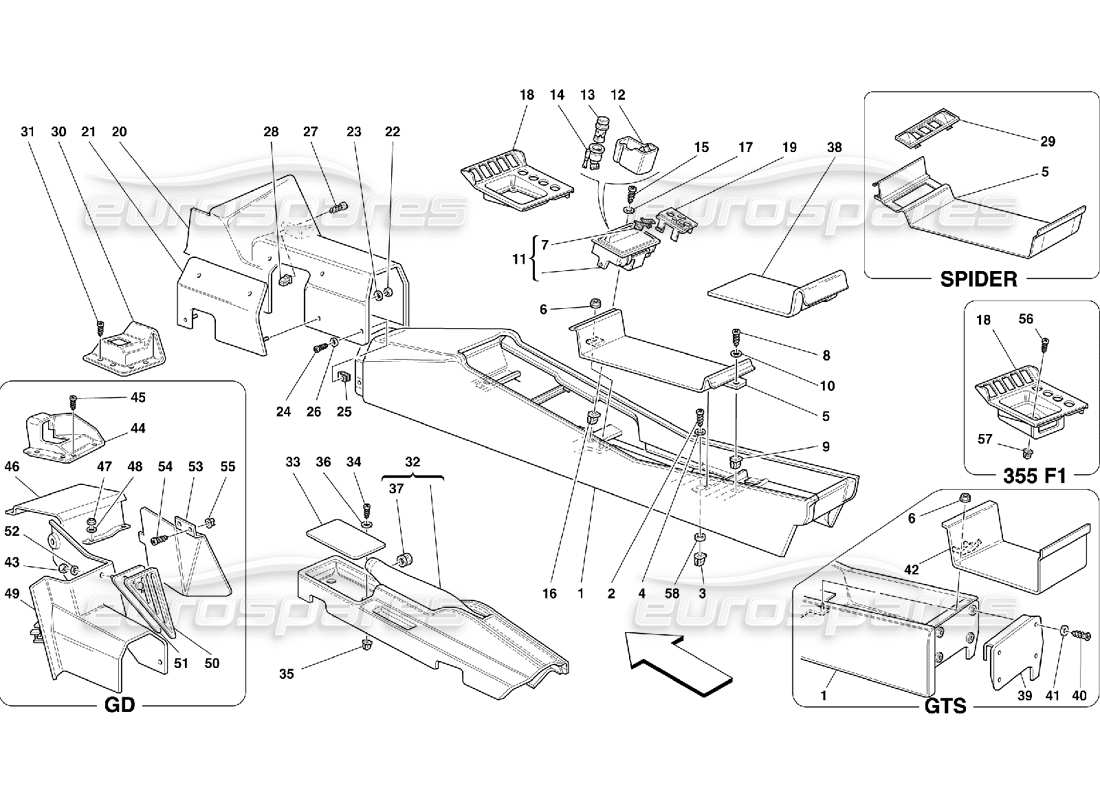 Ferrari 355 (5.2 Motronic) Tunnel - Framework and Accessories Parts Diagram