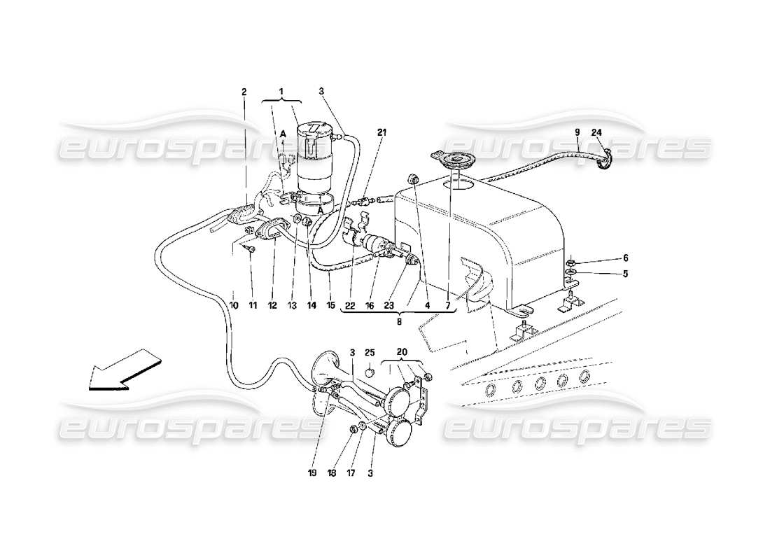 Ferrari 348 (2.7 Motronic) Glass Washer and Horns Parts Diagram