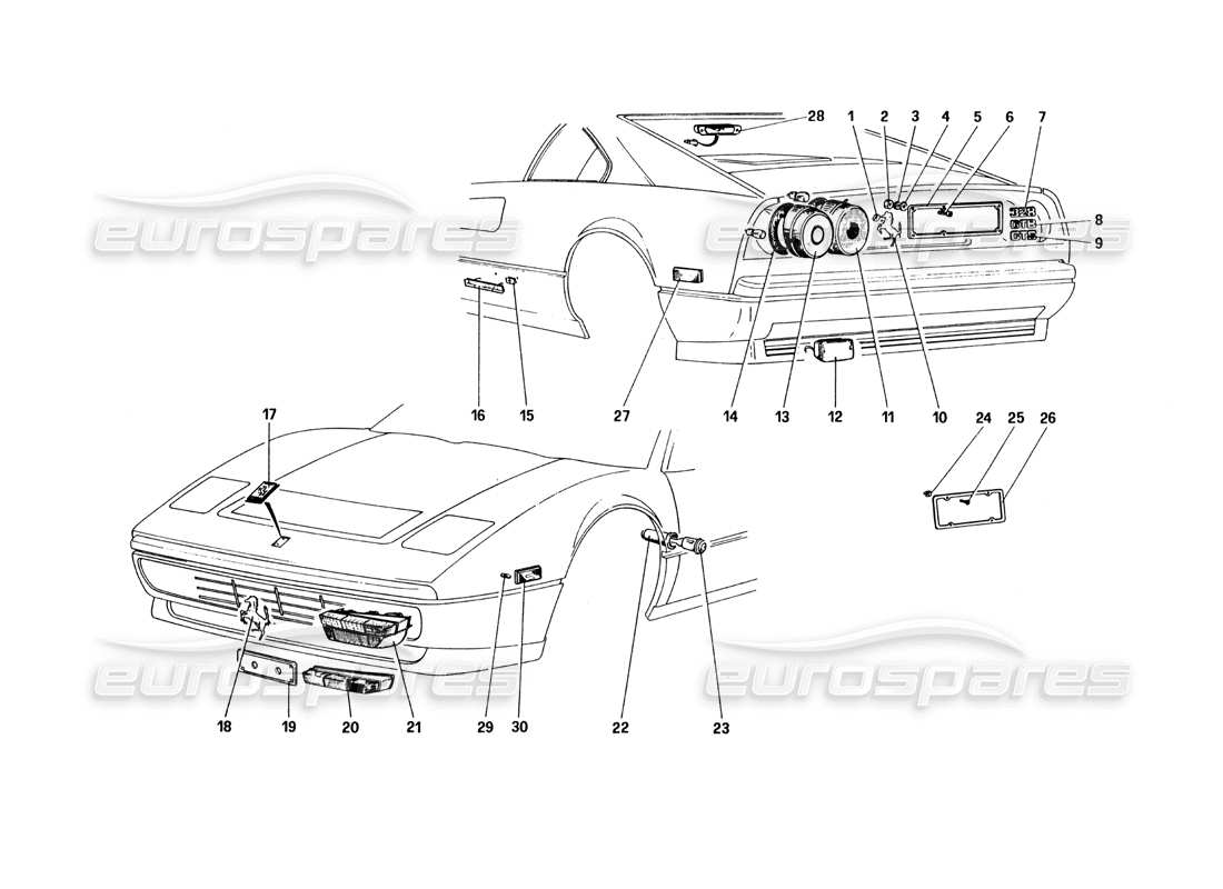 Ferrari 328 (1985) External Lights and Mouldings Parts Diagram