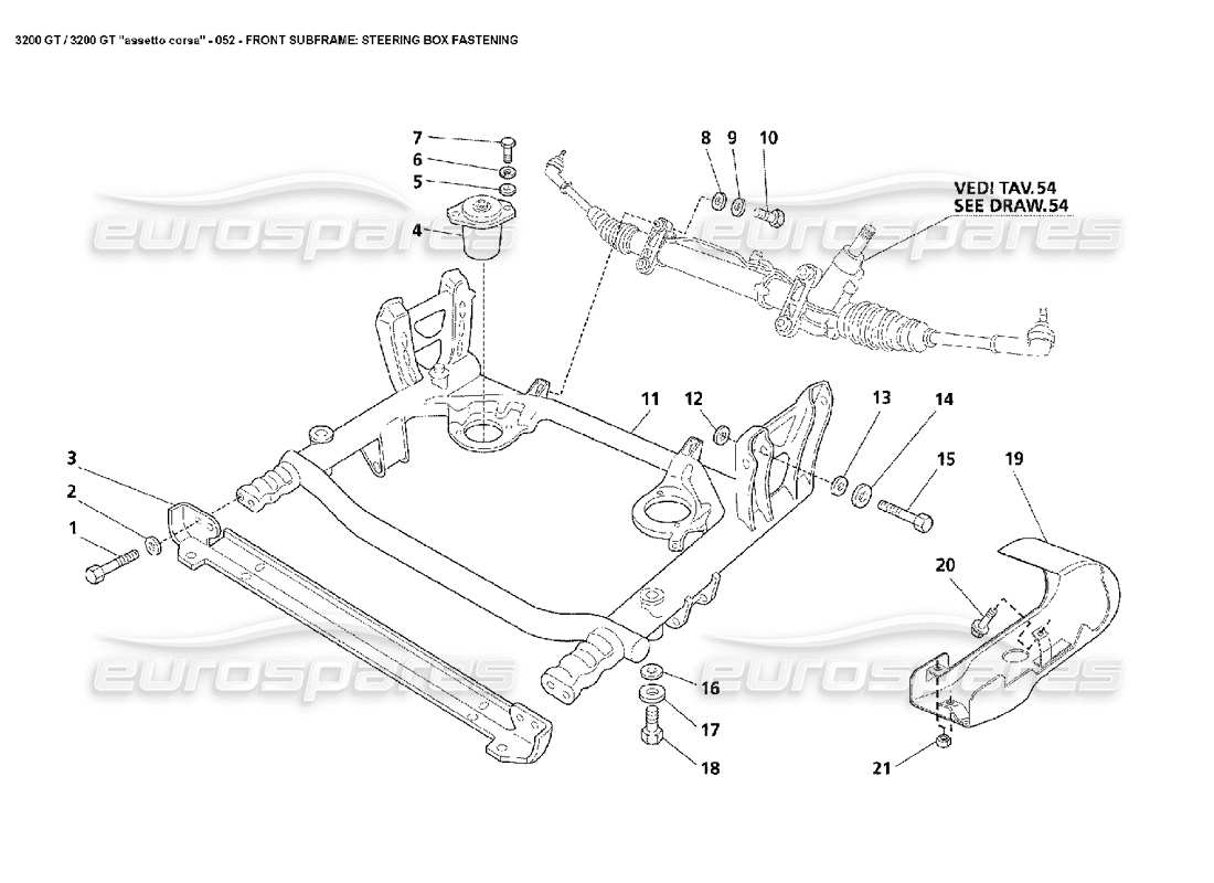 Maserati 3200 GT/GTA/Assetto Corsa Front Subframe: Steering Box Fastening Parts Diagram