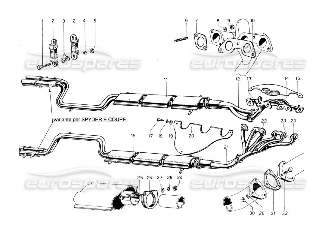 Ferrari 275 GTB/GTS 2 cam Exhaust & Manifolds Parts Diagram