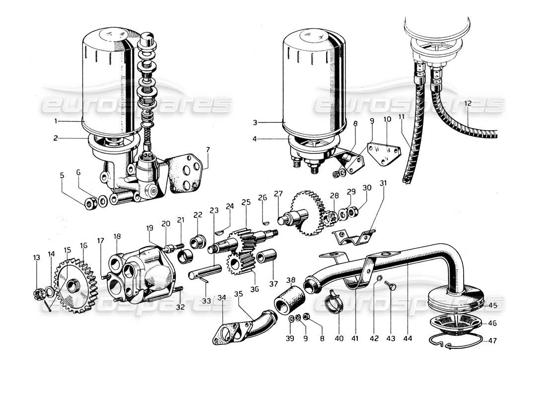 Ferrari 275 GTB/GTS 2 cam Oil Pump & Filters Parts Diagram