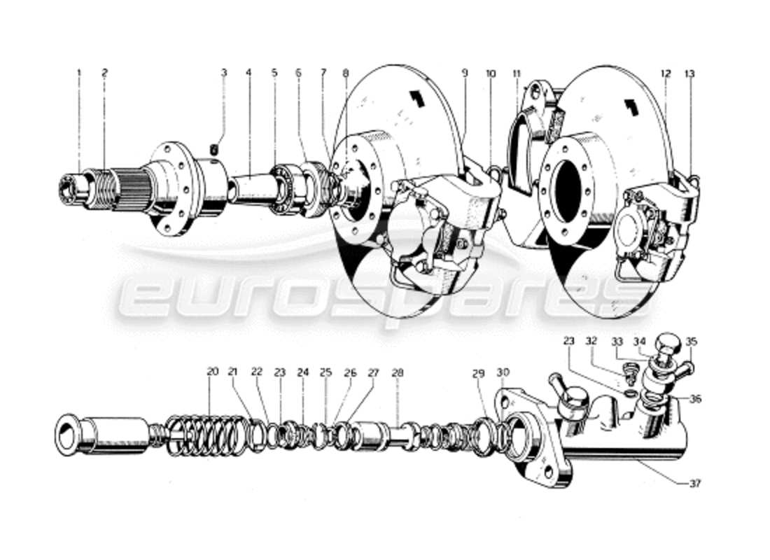 Ferrari 275 GTB/GTS 2 cam Rear Brake Discs & Clutch Master Cylinder Parts Diagram