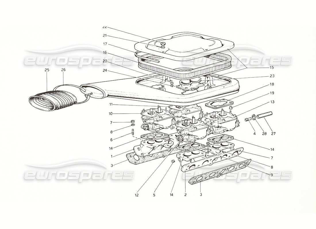 Ferrari 308 GT4 Dino (1976) carburettors and air cleaner Parts Diagram