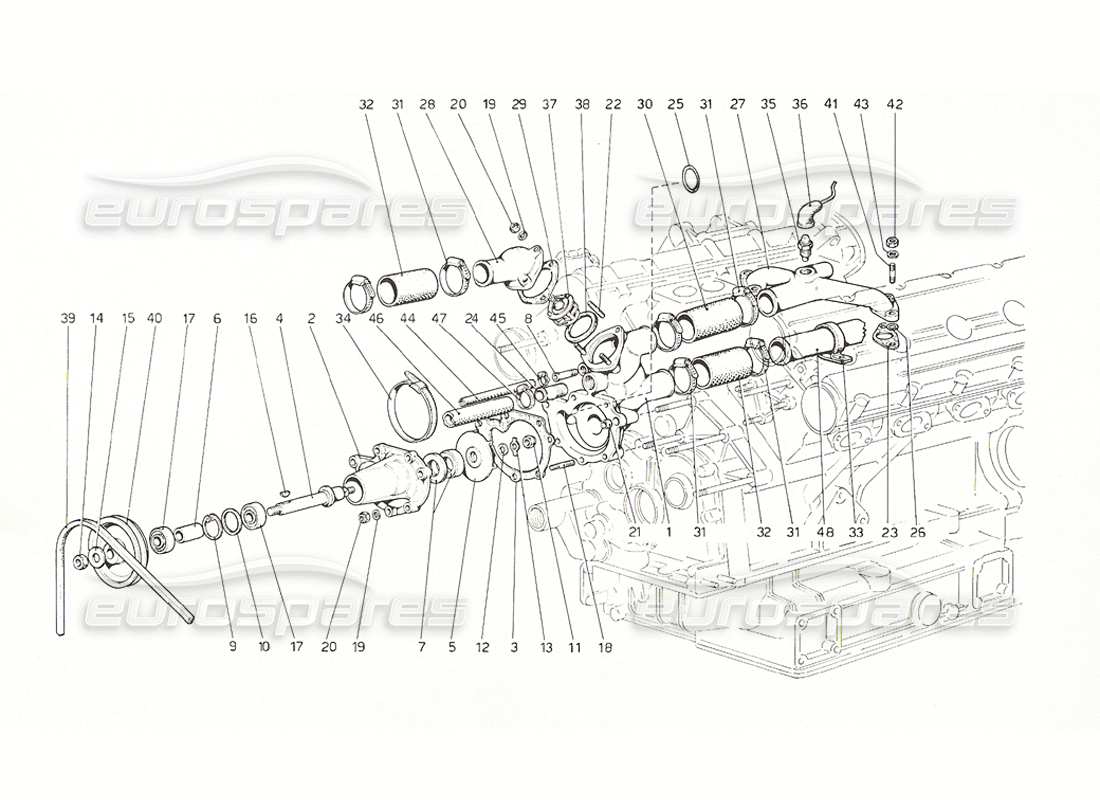 Ferrari 308 GT4 Dino (1976) Water Pump and Pipes Parts Diagram