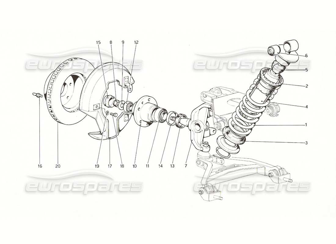 Ferrari 308 GT4 Dino (1976) Front suspension - Shock absorber and brake discs Parts Diagram