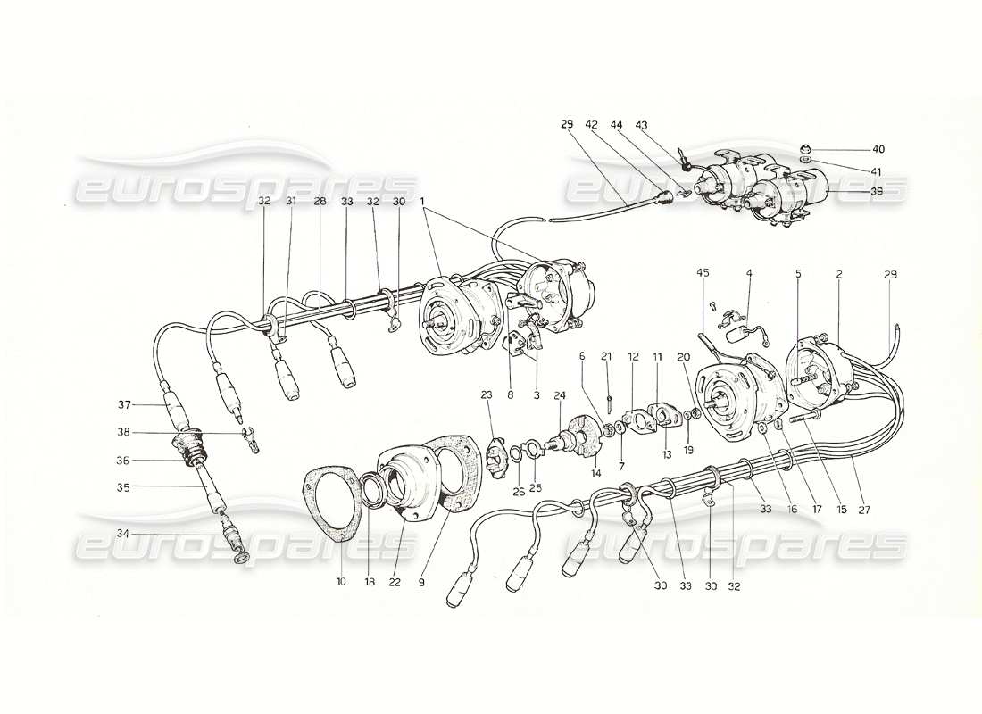 Ferrari 308 GT4 Dino (1976) Engine Ignition (2 distributors) Parts Diagram