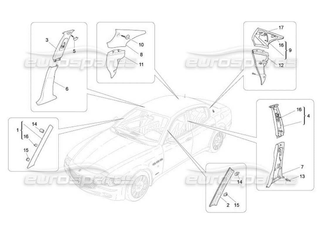 Maserati QTP. (2005) 4.2 PASSENGER COMPARTMENT B PILLAR TRIM PANELS AND SIDE PANELS Parts Diagram