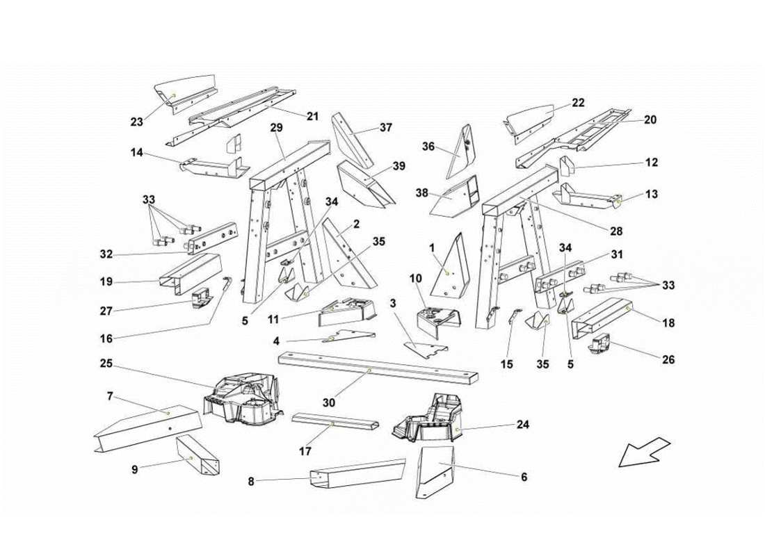 Lamborghini Gallardo LP560-4s update Rear Frame Elements Parts Diagram