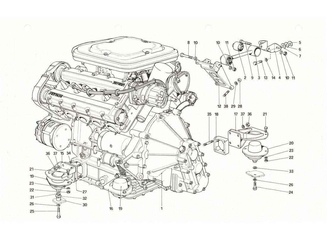 Ferrari 208 GTB GTS engine - gearbox and supports Parts Diagram