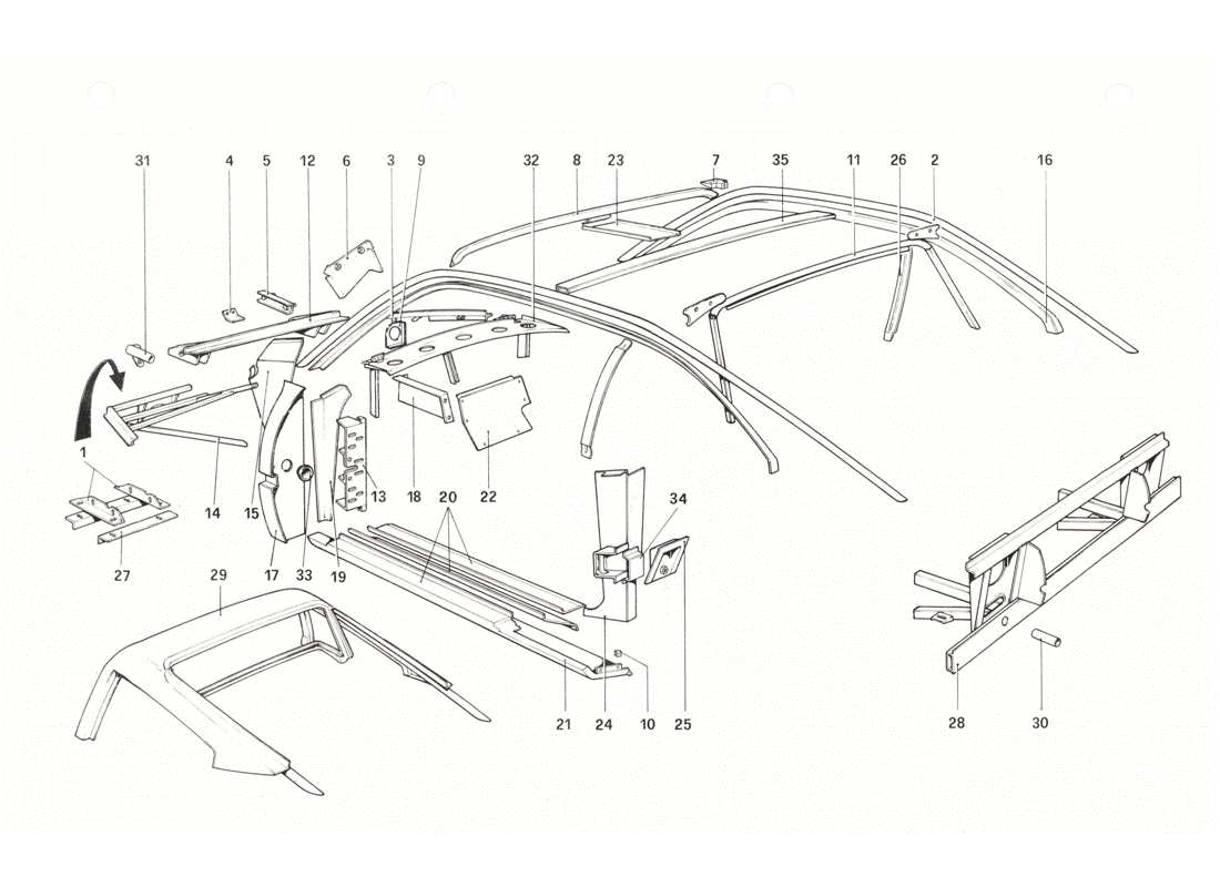 Ferrari 208 GTB GTS Body Shell - Inner Elements Parts Diagram