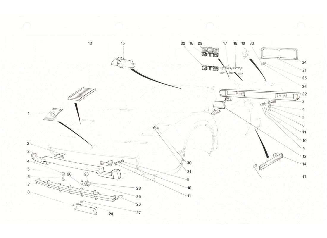 Ferrari 208 GTB GTS Bumpers and Mouldings Parts Diagram