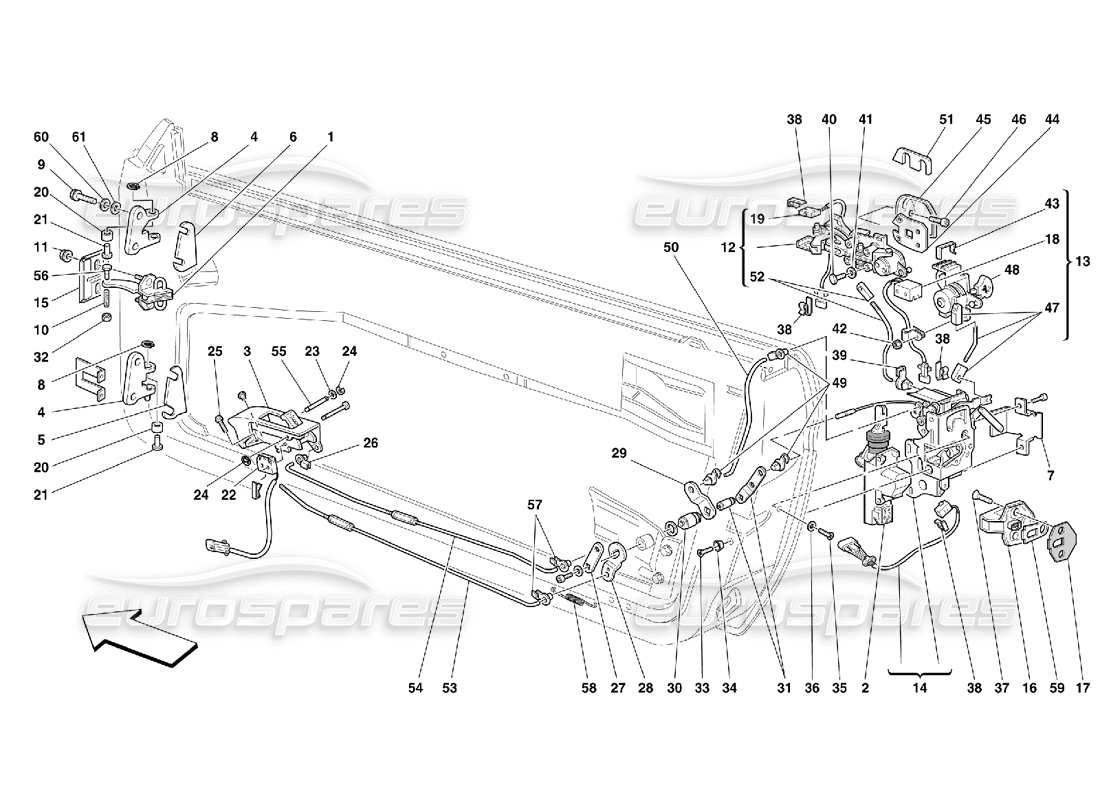 Ferrari 550 Maranello Doors - Opening Control and Hinges Parts Diagram