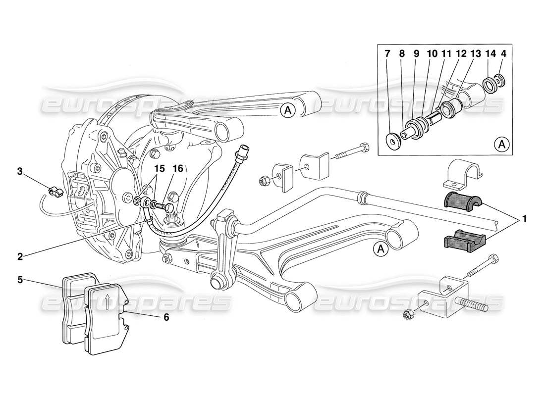 Ferrari 348 Challenge (1995) Front Suspension Pads and Brake Pipes Parts Diagram