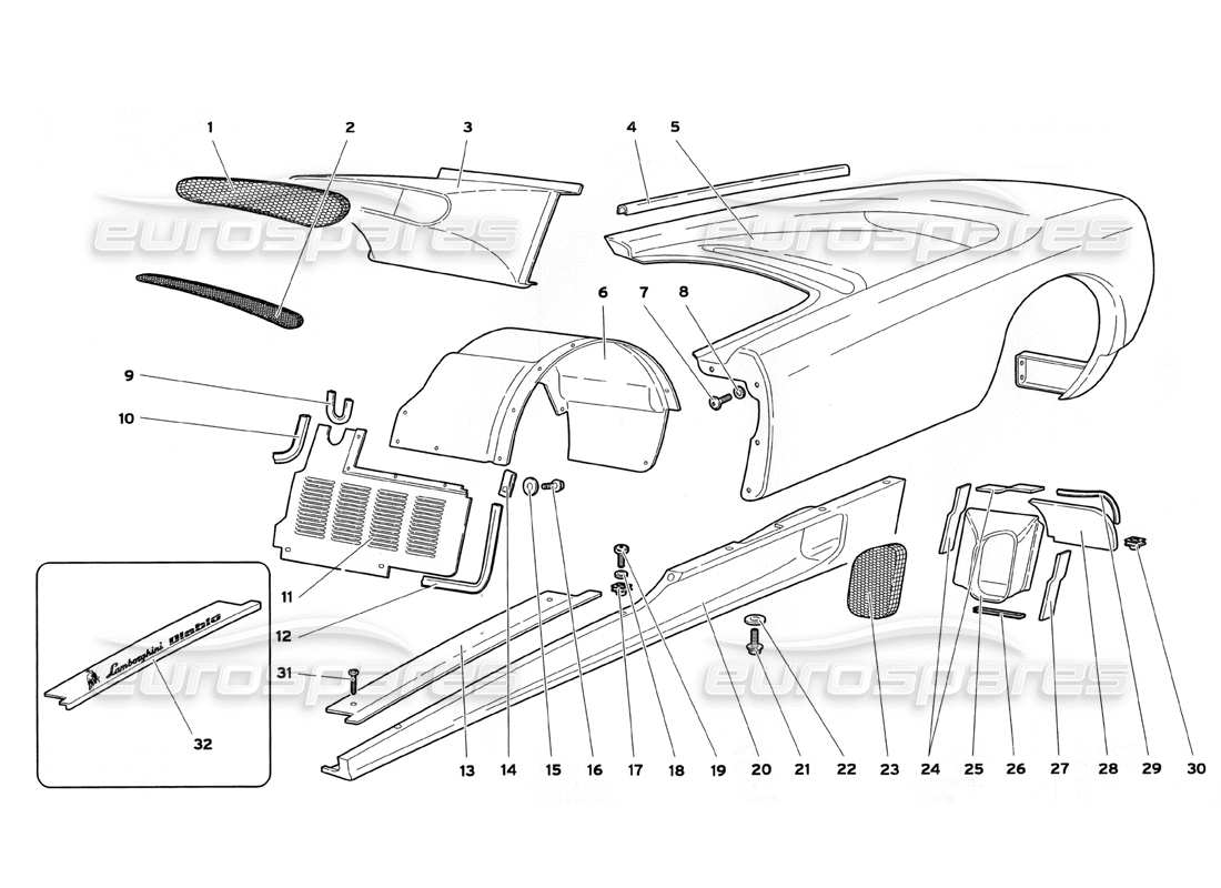 Lamborghini Diablo SV (1999) Body Elements - Left Flank Parts Diagram