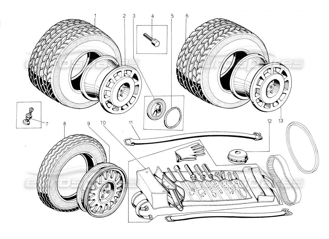 Lamborghini Jalpa 3.5 (1984) Tools Kit, Tyres and Rims Parts Diagram