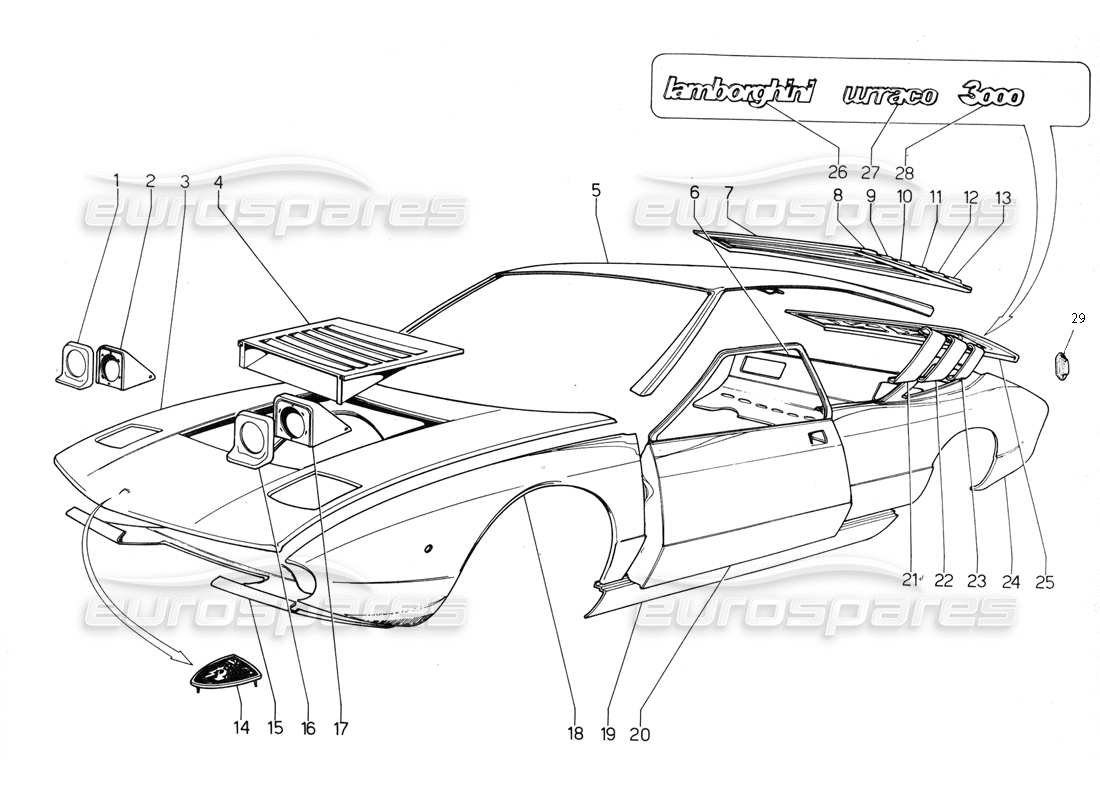 Lamborghini Urraco P300 Outer Coverings Parts Diagram