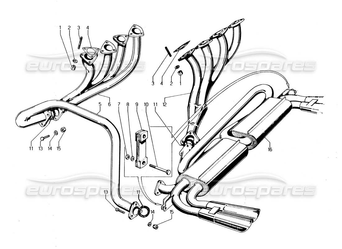 Lamborghini Urraco P250 / P250S Exhaust pipes Parts Diagram
