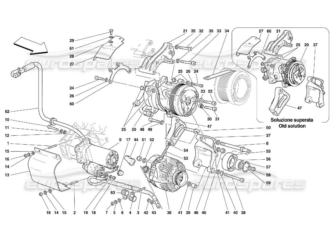 Ferrari 456 GT/GTA Alternator Starting Motor and A.C. Compressor Parts Diagram