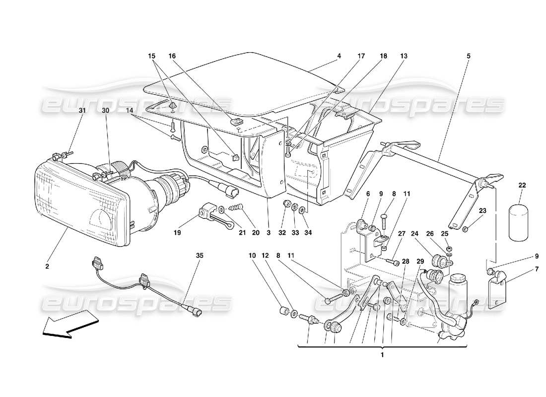 Ferrari 456 GT/GTA Lights Lifting Device and Headlights Parts Diagram