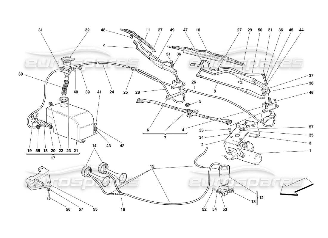 Ferrari 456 GT/GTA Windshield Wiper, Washer and Horns Parts Diagram