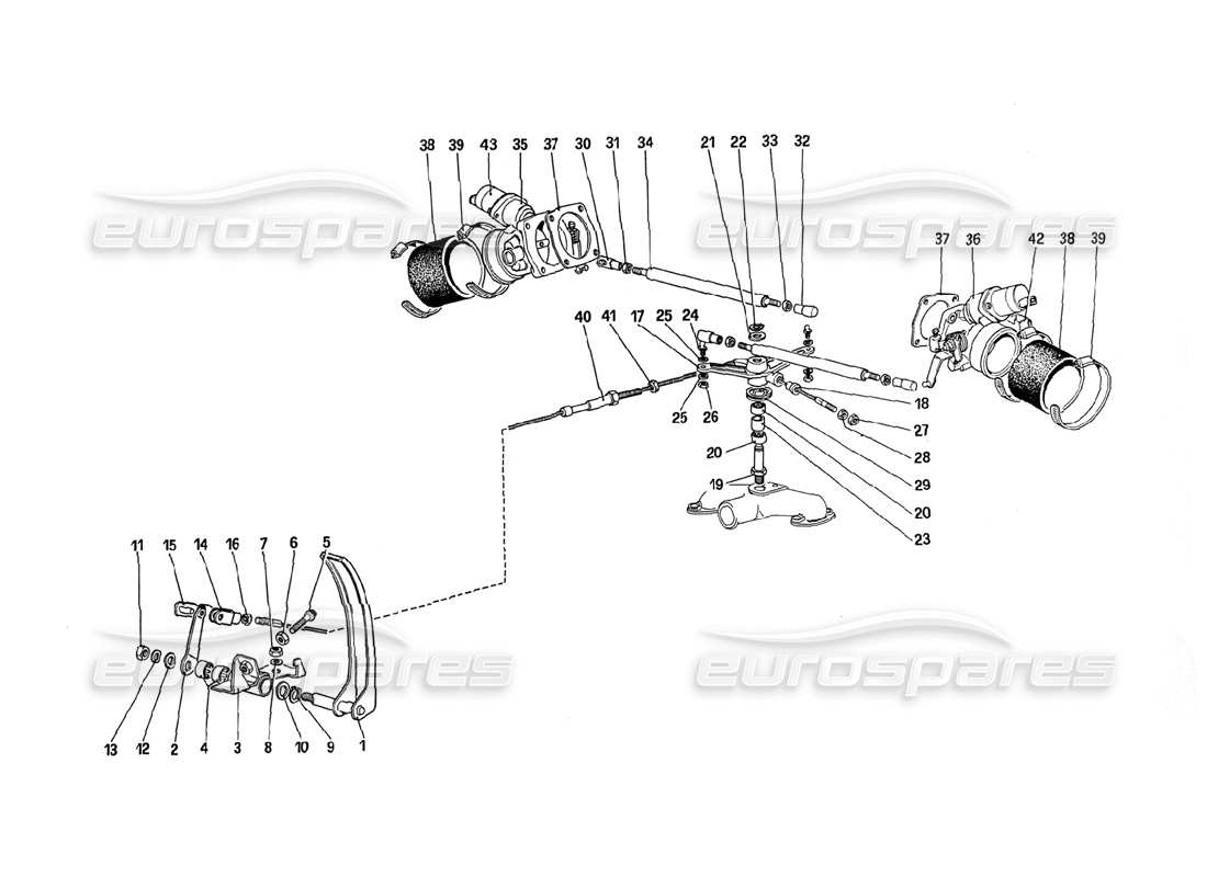 Ferrari 288 GTO Throttle Bodies and Accelerator Control Parts Diagram