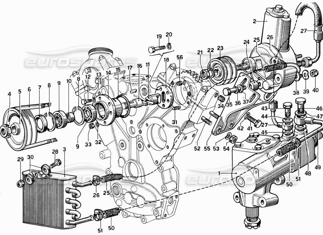 Ferrari 365 GT 2+2 (Mechanical) Hydraulic Steering Pump and Controls Parts Diagram