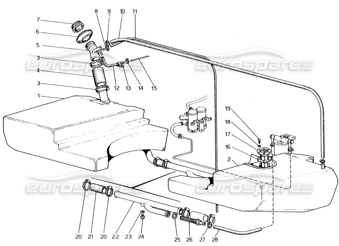 Ferrari 365 GT4 2+2 (1973) fuel tanks and piping Parts Diagram