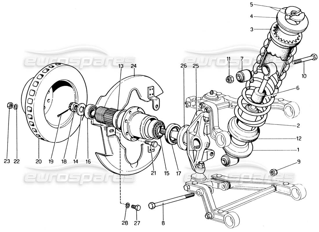Ferrari 365 GT4 2+2 (1973) Front Suspension - Shock Absorber Parts Diagram