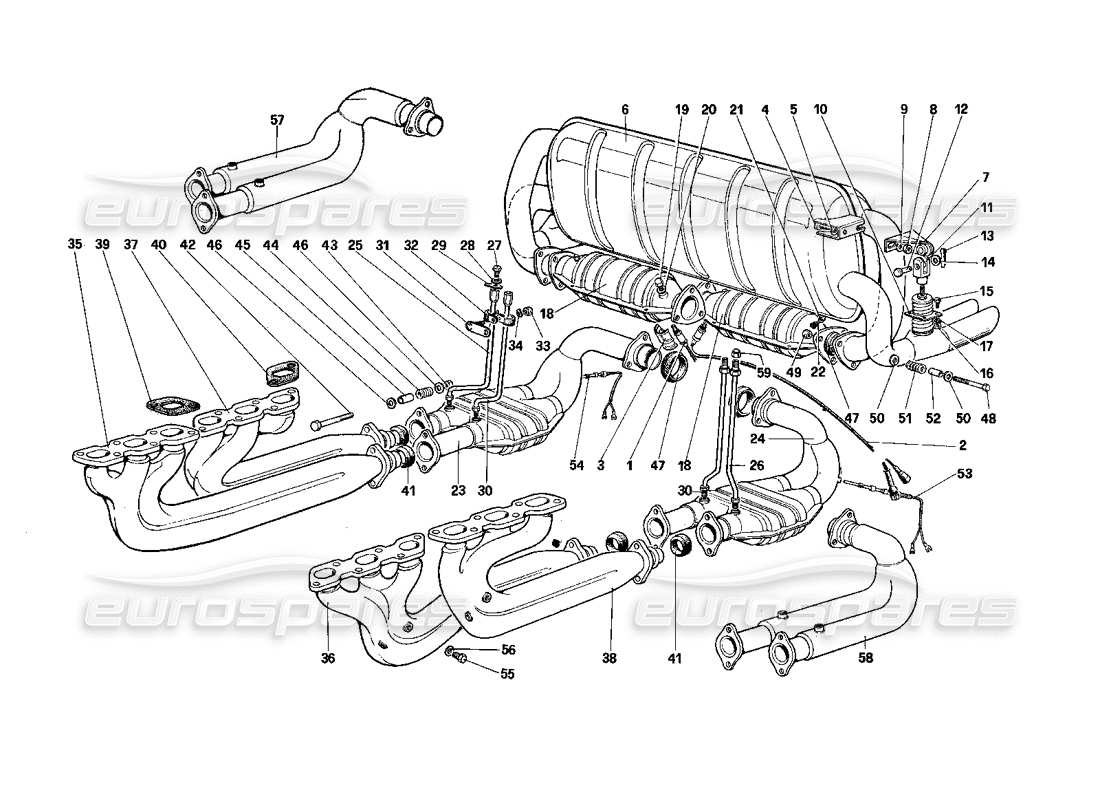 Ferrari Testarossa (1990) Exhaust System (for US - SA and Cat Version) Parts Diagram