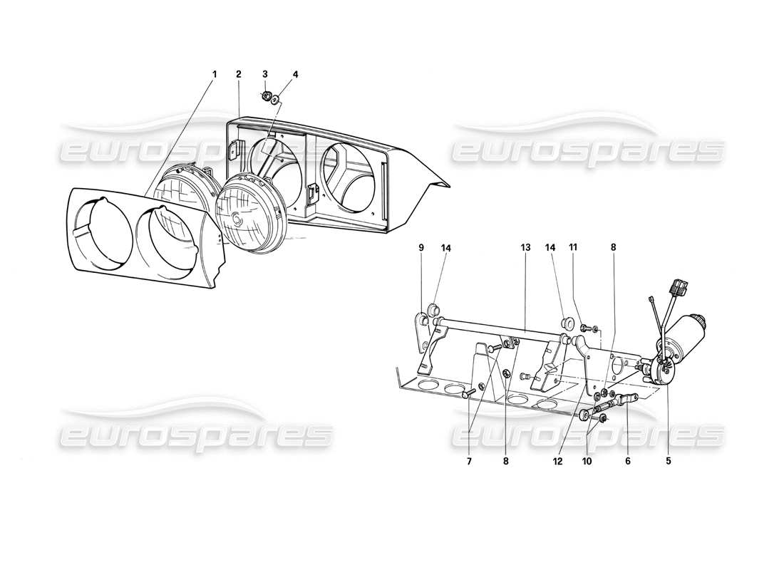 Ferrari Testarossa (1990) Front Headlight Lifting Device Parts Diagram