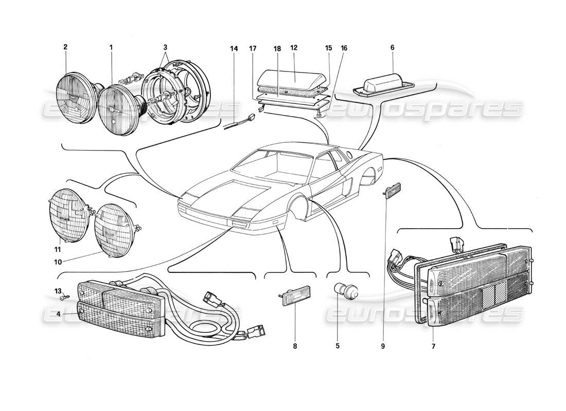 Ferrari Testarossa (1990) Lamps Parts Diagram