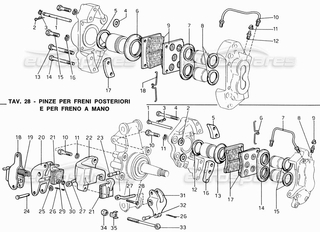 Ferrari 206 GT Dino (1969) Hand Brake and Brakes Front and Rear Caliper Parts Diagram